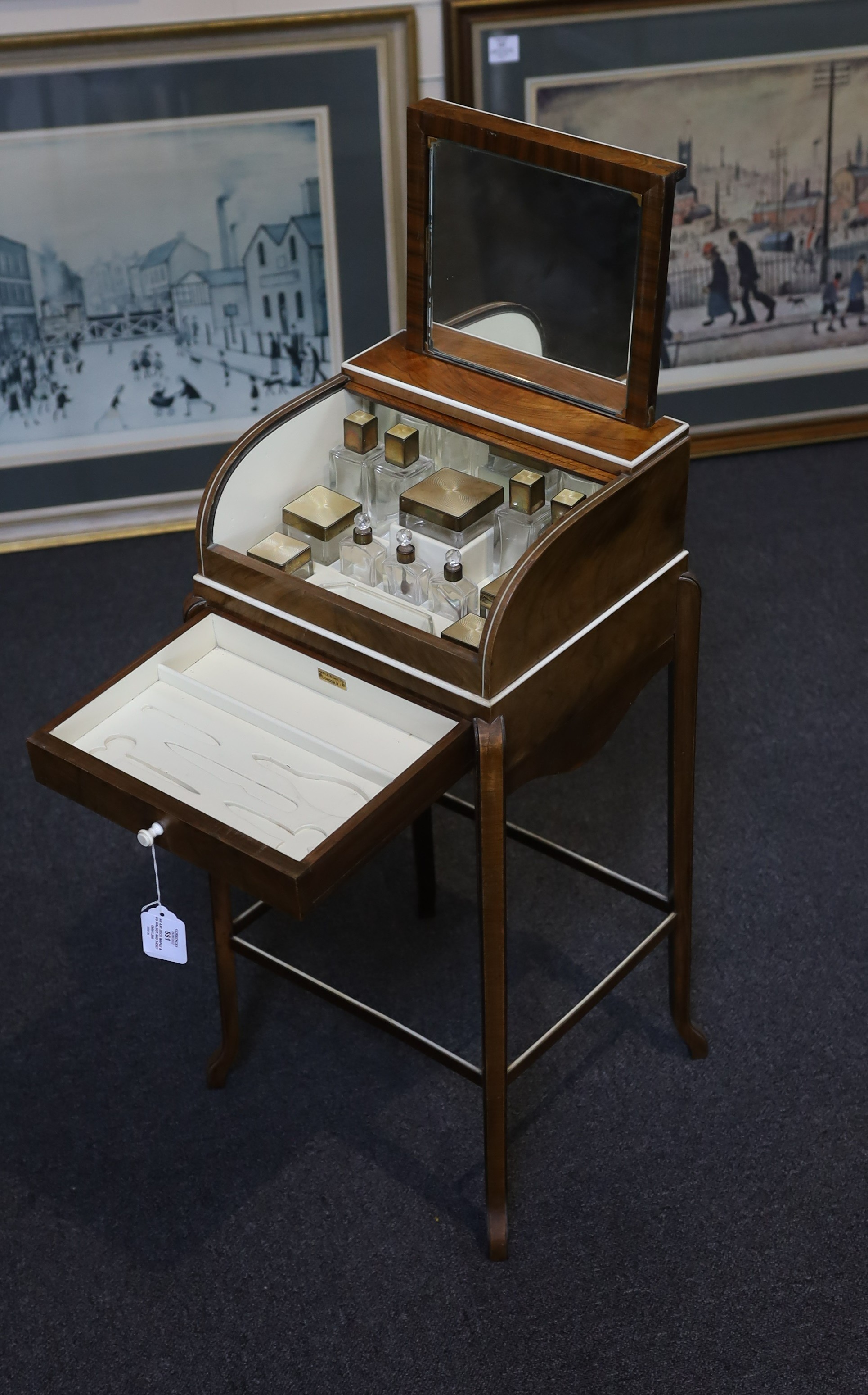 An Art Deco Maple & Co walnut and ivory beaded necessaire poudreuse table, c.1934